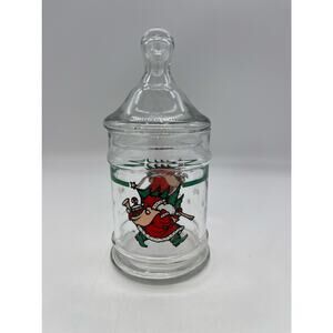 1990 Santa Glass Candy Jar with Lid Made by CHD 6" Tall Christmas Tree Toy Decor